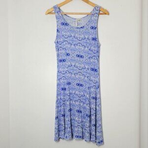 Ripe Blue White Geometric Print Sleeveless Scoop Neck Flared Midi Dress Sz M